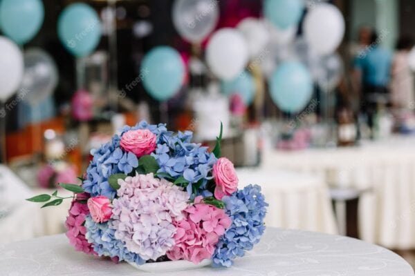 bouquet of pink and blue hydrangeas